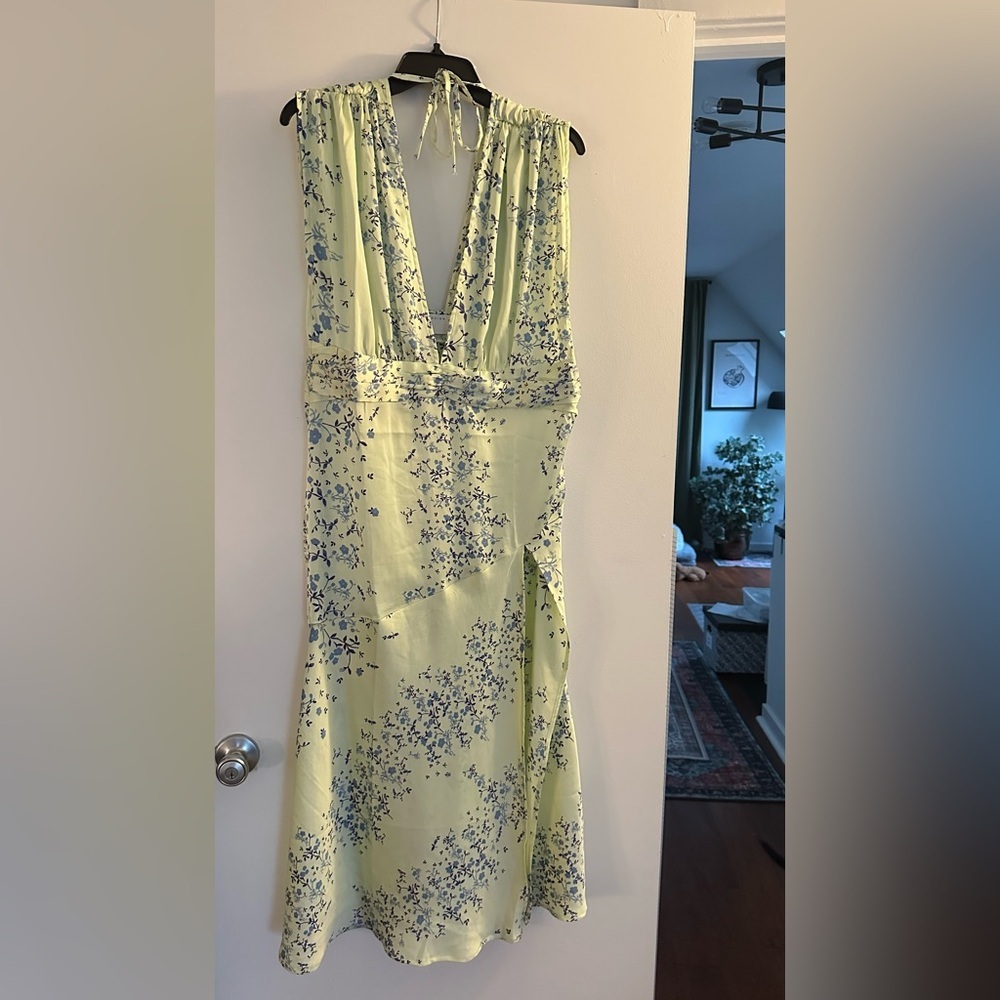 Green Satin Sleeveless Maxi Dress in Green Floral Print - ruched and flattering